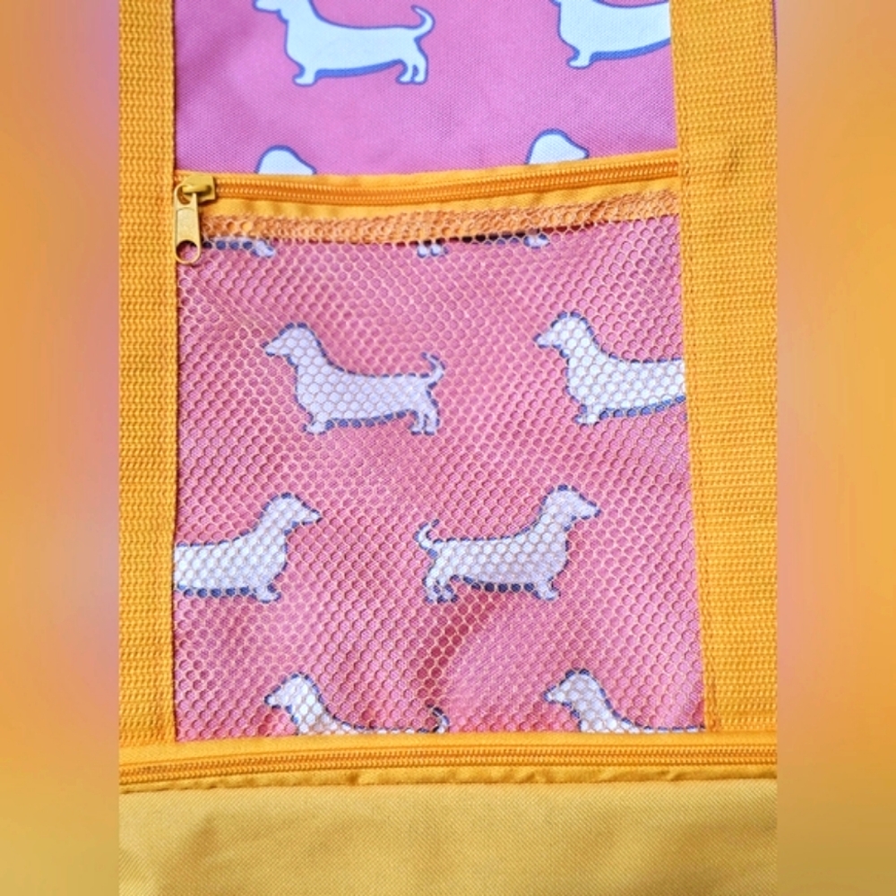 RARE Crown & Ivy Dashund Dog Large Cooler Tote Bag Pink & Orange Purse Mesh - Picture 5 of 9